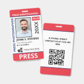 Red Blue Photo & Logo Press ID QR Code Badge (Voor- en achterkant)