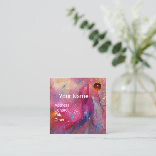 RED BLUE PINK ABSTRACTE WATERVERF Ruby Gemstone Vierkante Visitekaartje (Staand voorkant)