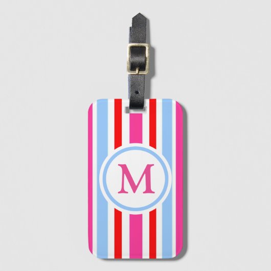 Red Blue Pink Candy Stripes Monogram Bagagelabel (Voorkant (verticaal))