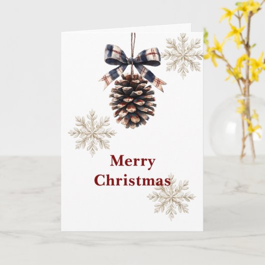 Red Blue Plaid Cream Bow Pine Cone Christmas Kaart (Gele Bloem)