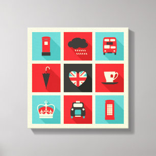 Red & Blue Retro London Collage Canvas Afdruk