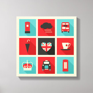 Red & Blue Retro London Collage Canvas Afdruk