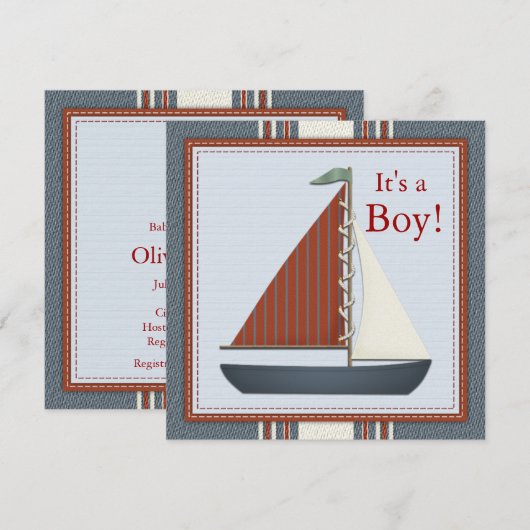 Red Blue Sailboat Baby shower Kaart (Voorkant / Achterkant)