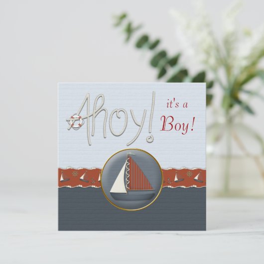 Red Blue Sailboat Baby shower Kaart (Staand voorkant)