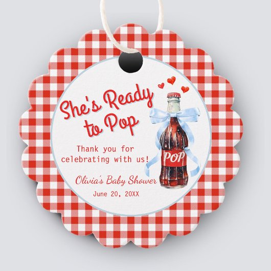 Red & Blue She's Ready to Pop Baby Shower Bedankjes Labels