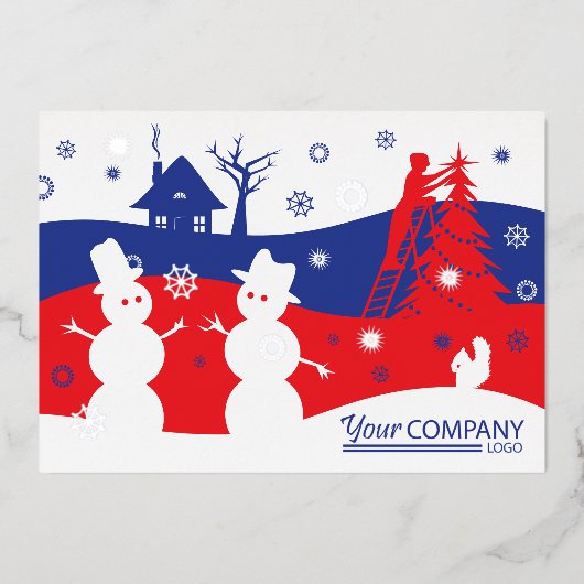 Red Blue Snow Mannen Village, Logo Zakelijke Kerst Folie Uitnodiging (Voorkant)