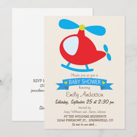 Red & Blue Speelgoed Helikopter Baby shower Kaart (Voorkant / Achterkant)