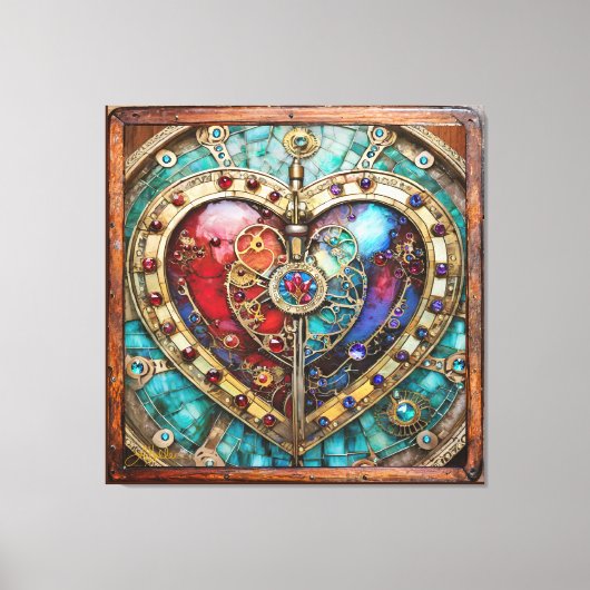 Red & Blue Stained Glass Heart Steampunk Series Canvas Afdruk (Voorkant)