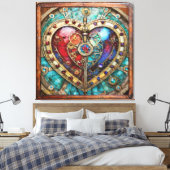 Red & Blue Stained Glass Heart Steampunk Series Canvas Afdruk (Insitu (Slaapkamer))