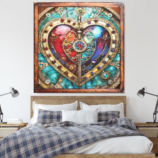Red & Blue Stained Glass Heart Steampunk Series Canvas Afdruk (Insitu (Slaapkamer))