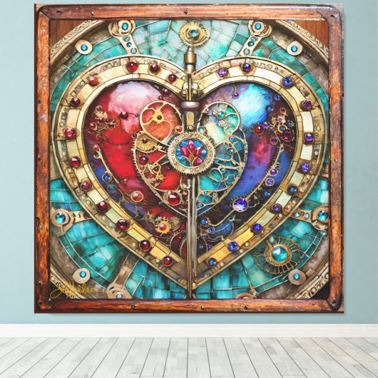 Red & Blue Stained Glass Heart Steampunk Series Canvas Afdruk (Insitu (Houten vloer))
