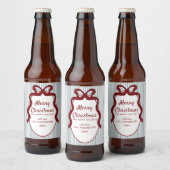 Red Blue Stripes & Bow Frame Christmas  Bier Etiket (Flessen)