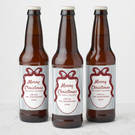 Red Blue Stripes & Bow Frame Christmas Bier Etiket