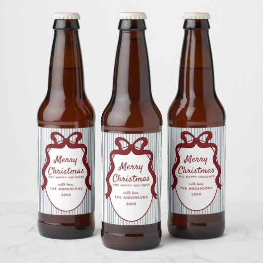 Red Blue Stripes & Bow Frame Christmas Bier Etiket (Flessen)