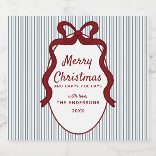 Red Blue Stripes & Bow Frame Christmas  Bier Etiket (Enkel label)