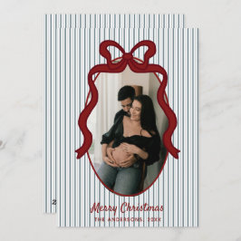 Red Blue Stripes & Bow Frame Christmas Photo Feestdagenkaart