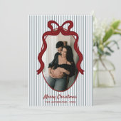 Red Blue Stripes & Bow Frame Christmas Photo Feestdagenkaart (Staand voorkant)
