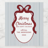 Red Blue Stripes & Bow Frame Christmas Wijn Etiket (Enkel label)