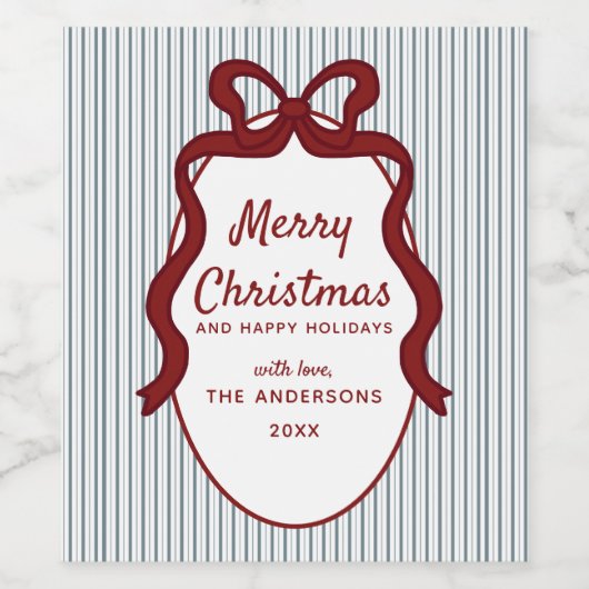 Red Blue Stripes & Bow Frame Christmas  Wijn Etiket (Enkel label)