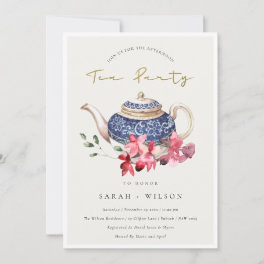Red Blue Teapot Floral vanmiddag Tea Party Invite Bedankkaart (Voorkant)