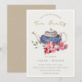 Red Blue Teapot Floral vanmiddag Tea Party Invite Bedankkaart (Voorkant / Achterkant)