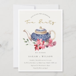 Red Blue Teapot Floral vanmiddag Tea Party Invite Bedankkaart