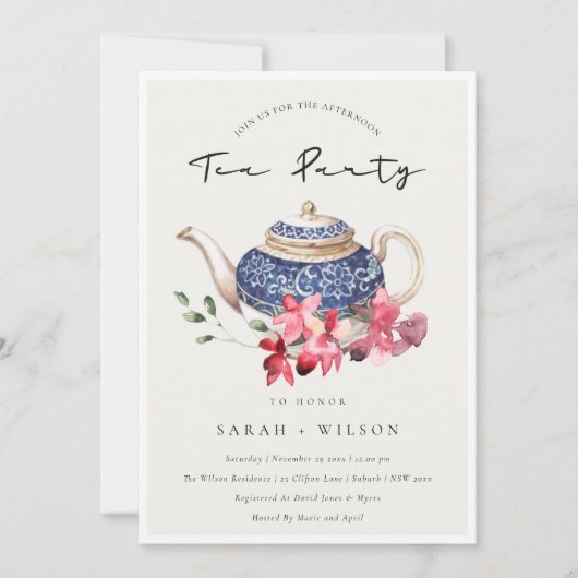 Red Blue Teapot Floral vanmiddag Tea Party Invite Bedankkaart (Voorkant)