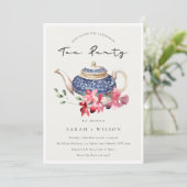 Red Blue Teapot Floral vanmiddag Tea Party Invite Bedankkaart (Staand voorkant)