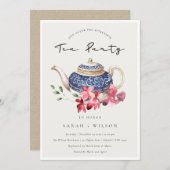 Red Blue Teapot Floral vanmiddag Tea Party Invite Bedankkaart (Voorkant / Achterkant)