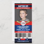 Red|Blue Ticket Style Baseball Birthday Party Kaart (Voorkant)