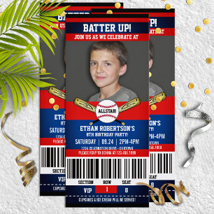 Red Blue Ticket Style Baseball Birthday Party Kaart