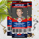 Red|Blue Ticket Style Baseball Birthday Party Kaart<br><div class="desc">Super plezier,  honkbal met je kleine all-star afbeelding aan de voorkant!</div>