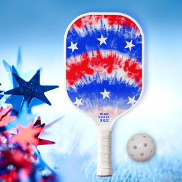 Red Blue Tie Dye Stripes, White Stars Custom Pickleball Paddle