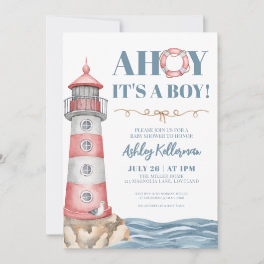 Red Blue Waterverf Nautical Boy Baby shower Kaart (Voorkant)