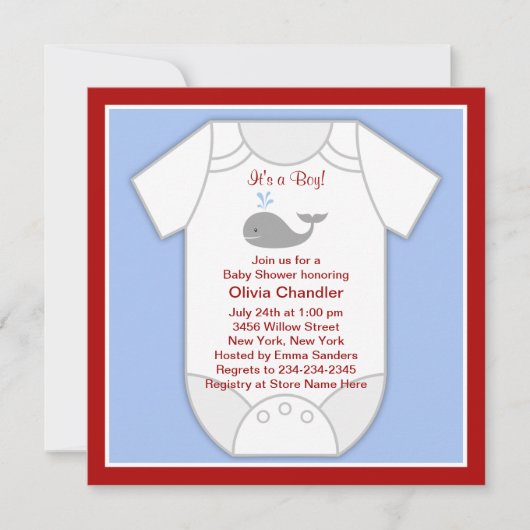 Red Blue Whale Baby Boy Shower Kaart (Voorkant)