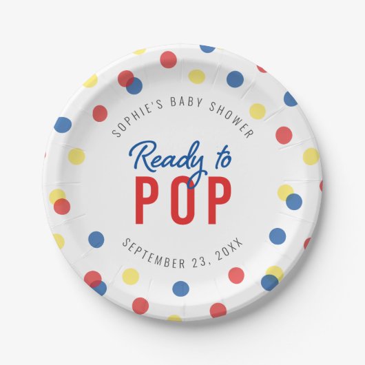 Red Blue Yellow Confetti Ready to Pop Baby shower Papieren Bordje (Voorkant)