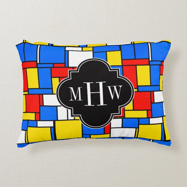 Red Blue Yellow Mondrian Blk Quatrefoil 3 Monogram Accent Kussen (Voorkant)