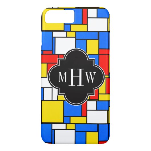 Red Blue Yellow Mondrian Blk Quatrefoil 3 Monogram Case-Mate iPhone Case (Achterkant)
