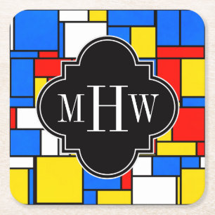 Red Blue Yellow Mondrian Blk Quatrefoil 3 Monogram Kartonnen Onderzetters