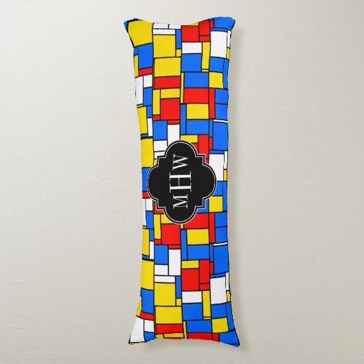 Red Blue Yellow Mondrian Blk Quatrefoil 3 Monogram Lichaamskussen (Voorkant Verticaal)
