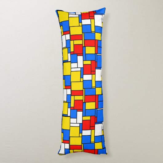 Red Blue Yellow Mondrian Blk Quatrefoil 3 Monogram Lichaamskussen (Achterkant (Verticaal))