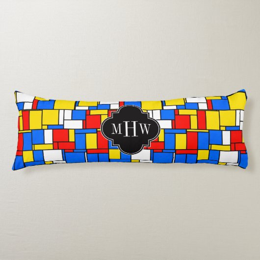 Red Blue Yellow Mondrian Blk Quatrefoil 3 Monogram Lichaamskussen (Voorkant)