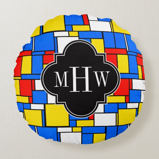 Red Blue Yellow Mondrian Blk Quatrefoil 3 Monogram Rond Kussen (Voorkant)