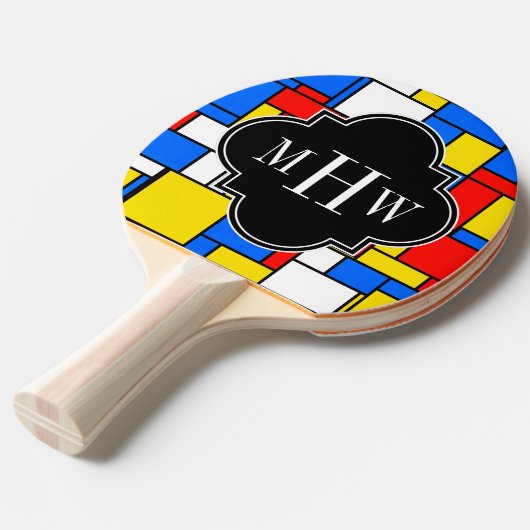 Red Blue Yellow Mondrian Blk Quatrefoil 3 Monogram Tafeltennisbatje (Voorkant Gekanteld)