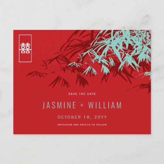 Red Blue Zen Bamboo Chinees huwelijk bewaart de da Aankondigingskaart (Voorkant)