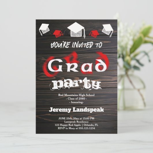 Red Blurry Text voor Afstuderen House Party Kaart (Staand voorkant)