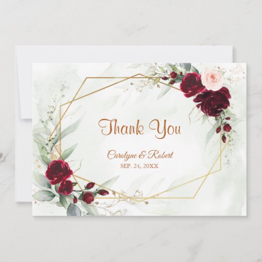 Red Blush Bourgogne Gold Geometric Greenery Weddin Bedankkaart (Voorkant)
