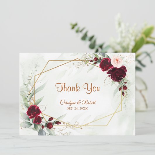 Red Blush Bourgogne Gold Geometric Greenery Weddin Bedankkaart (Staand voorkant)