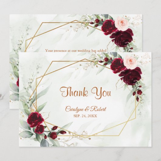 Red Blush Bourgogne Gold Geometric Greenery Weddin Bedankkaart (Voorkant / Achterkant)