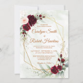 Red Blush Bourgogne Gold Geometric Greenery Weddin Kaart (Voorkant)